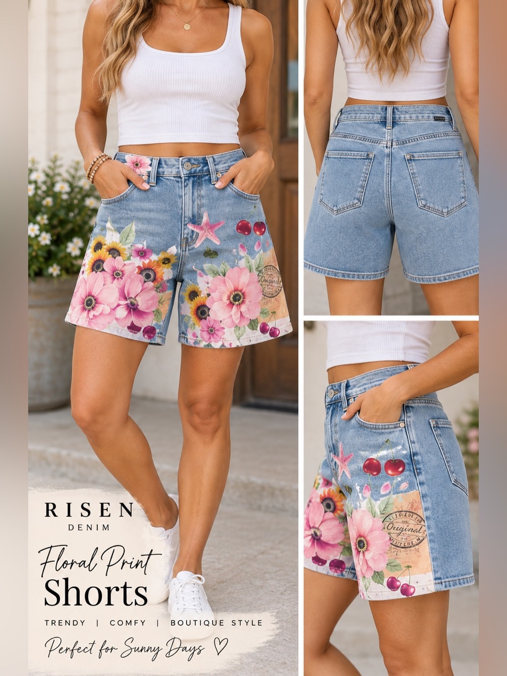 Risen Floral Cherry Print Denim Shorts High Rise Boho Boutique